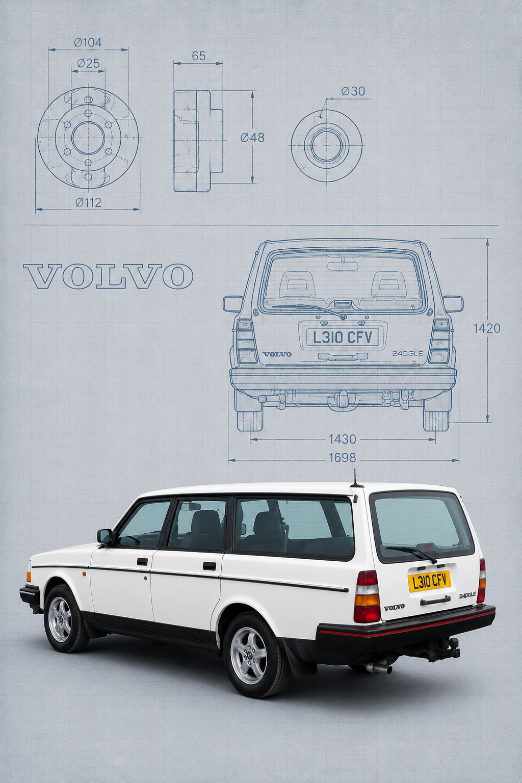 Volvo 240 blueprint and technical drawing