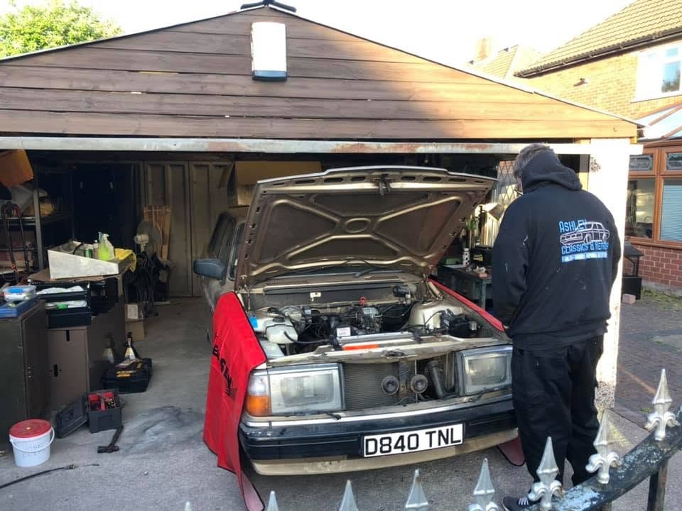 Classic Volvo 240 restoration in progress at Ashley Classics & Retros garage
